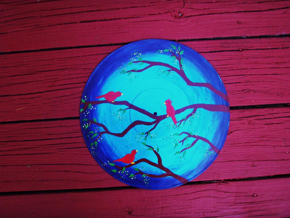 Red Birds in Tree Recycled Record Wall hang